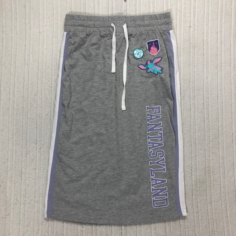 Disney Fantasyland Skirt M Gray White Pink Side Stripe Drawstring Patches